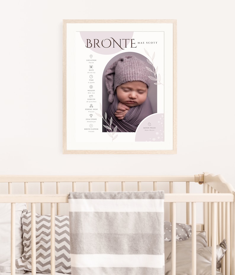 May include: A framed baby announcement poster with a light purple background. The poster features a photo of a baby girl in a purple hat and swaddle. The poster includes the baby's name, Bronte Mae Scott, and other details such as the date and time of birth, weight, length, zodiac sign, gem stone, and birth flower.