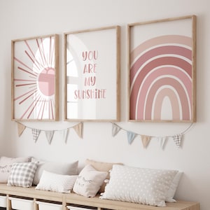 BOHO You Are My Sunshine Printable Wall Art, Nursery Art, Set of 3, Sun Rainbow Print, Pink Nursery Decor, Playroom BHSS3, INSTANT DOWNLOAD