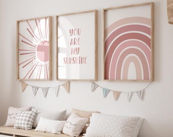 BOHO You Are My Sunshine Printable Wall Art, Nursery Art, Set of 3, Sun Rainbow Print, Pink Nursery Decor, Playroom BHSS3, INSTANT DOWNLOAD