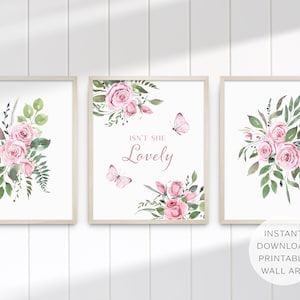 Butterfly Rose Printable Wall Art, Pink Floral Girls Room, Butterflies Roses Print, Girls Room Print, Girls Wall Art, INSTANT DOWNLOAD