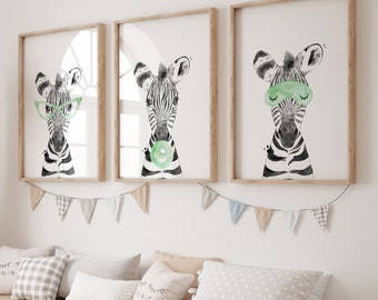 Black and White Green ZEBRA Printable Wall Art Set of 3, Quirky Kids Art, Zebra Face, Nursery Wall Art, Kids Room Art | INSTANT DOWNLOAD