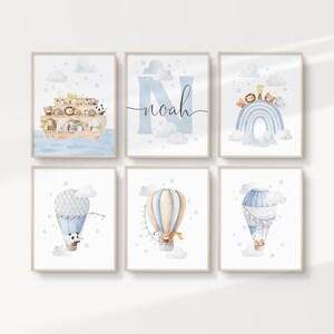 Personalised Noah’s Ark Nursery Printable Wall Art, Set of 6, Safari Animal Nursery Art, Blue Rainbow Nursery, DIGITAL DOWNLOAD
