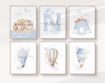 Personalised Noah’s Ark Nursery Printable Wall Art, Set of 6, Safari Animal Nursery Art, Blue Rainbow Nursery, DIGITAL DOWNLOAD