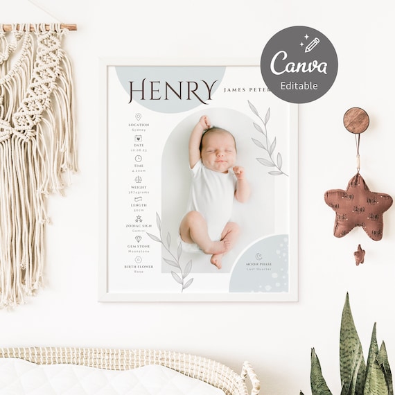 Editable Baby Stats Birth Poster Canva Template, Modern Moon Phase Print, Printable Nursery Art, Custom Photo Poster | INSTANT DOWNLOAD