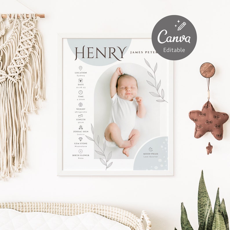 May include: A light blue and white baby announcement poster with a photo of a newborn baby boy. The poster includes the baby's name, Henry James Peter, and details such as location, date, time, weight, length, zodiac sign, gemstone, and birth flower.