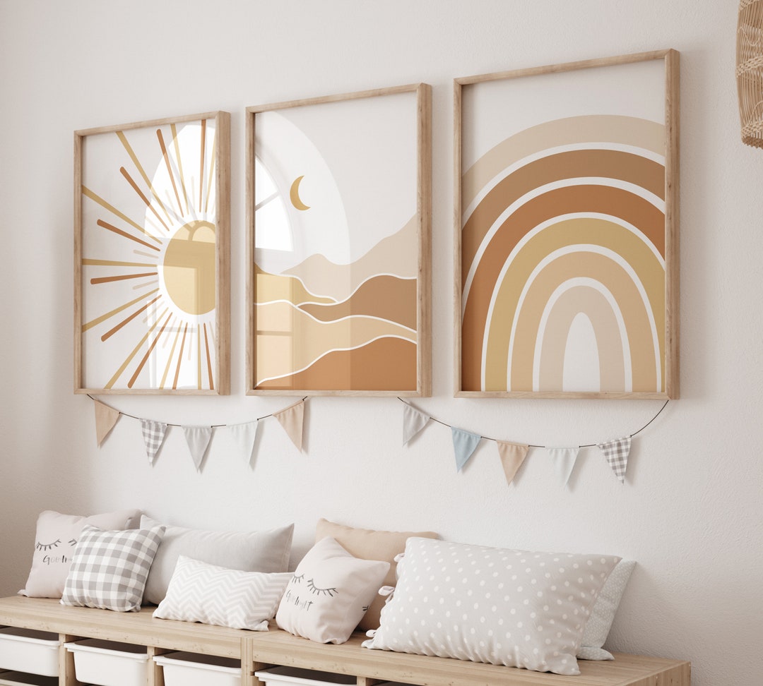 Boho Set of 3 Printable Wall Art, Sun Mountains Rainbow, Nursery Print ...