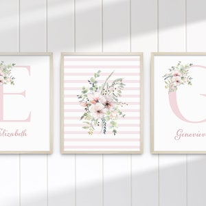 Blush Eucalyptus Hermanas o Gemelas Nombre de carta personalizada Imprimible Niñas Arte de pared CONJUNTO de TRES / Impresión de nacimiento / Significado del nombre