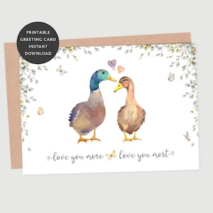DRUCKBAR Ich liebe dich mehr, liebe dich am meisten Grußkarte, 5 x 7 Karte, Erpel und Entenpaar, Liebesvögel, süße Valentinstagskarte | SOFORTIGER DOWNLOAD