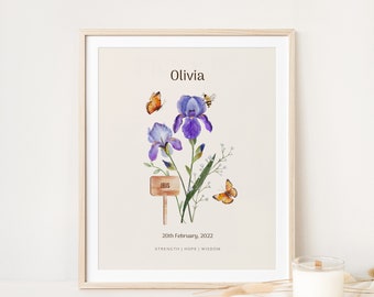 Personalised Birth Month Flower Printable Wall Art | Watercolour Birth Flowers, Name Print, Baptism Gift, Birthday Gift | Digital Download