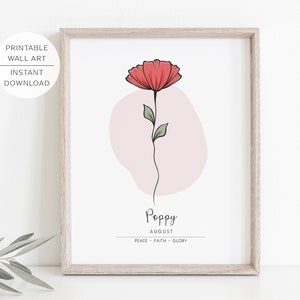POPPY August Birth Month Flower Printable Wall Art, Modern, Minimalist, Poppy Flower meaning | INSTANT DOWNLOAD