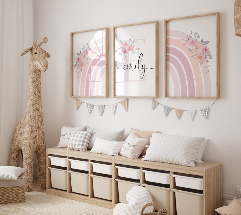 Soft Blush Floral Rainbow Personalised Letter Name Printable Girls Wall Art SET of THREE Birth Print Name Meaning Digital Download image 9