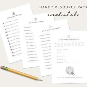 May include: A printable resource pack with information about zodiac signs, birth month flowers, birth stones, and a moon phase calculator. The pack includes a list of zodiac signs with their corresponding dates, a list of birth stones and flowers for each month, and a moon phase calculator with a graphic of the moon in different phases.