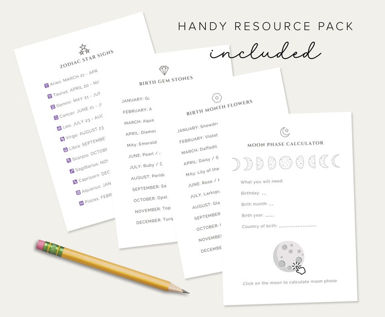 May include: A printable resource pack with information about zodiac signs, birth month flowers, birth stones, and a moon phase calculator. The pack includes a list of zodiac signs with their corresponding dates, a list of birth stones and flowers for each month, and a moon phase calculator with a graphic of the moon in different phases.