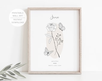 June Birth Flower ROSE Printable Wall Art | Rose Flower meaning | Modern Minimalist Line Art | Instant Download