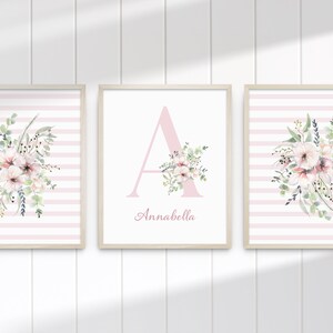 Blush Eucalyptus Lettera personalizzata Nome stampabile Ragazze Wall Art SET di TRE / Stampa di nascita / Significato del nome / Download digitale