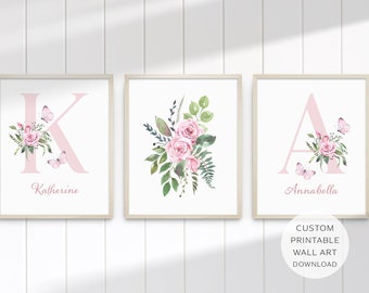 Butterfly Rose Sisters or Twins Personalised Letter Name Printable Girls Wall Art SET of THREE | Birth Print | Digital Download