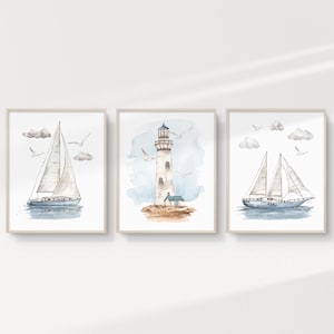 NAUTICAL Watercolour Sailboats Printable Wall Art Set of 3, Lighthouse, Seaside, Boys Nursery Wall Art, Kids Room NME23 | INSTANT DOWNLOAD