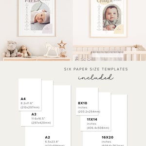 May include: Six printable templates for baby name announcements in different sizes: 8.2x11.6 inches (A4), 11.6x16.5 inches (A3), 6.5x23.4 inches (A2), 8x10 inches, 11x14 inches, and 16x20 inches. The templates feature a modern design with a geometric arch and a baby photo.