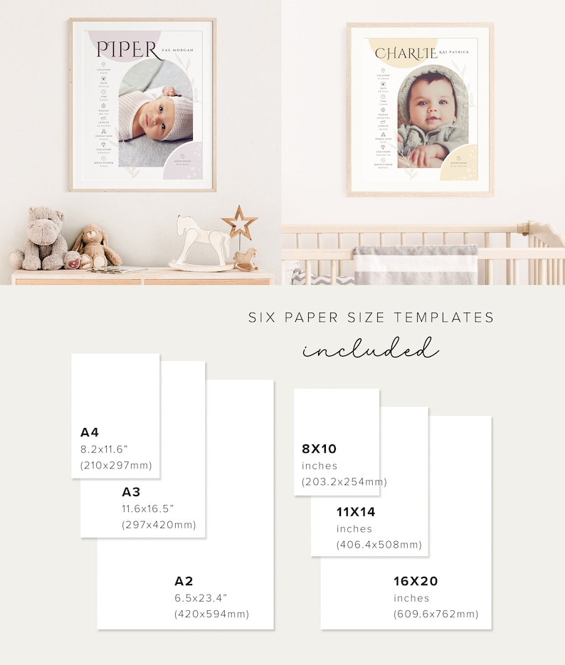 May include: Six printable templates for baby name announcements in different sizes: 8.2x11.6 inches (A4), 11.6x16.5 inches (A3), 6.5x23.4 inches (A2), 8x10 inches, 11x14 inches, and 16x20 inches. The templates feature a modern design with a geometric arch and a baby photo.