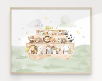 Arche Noah Wandkunst, Baby Tiere Kinderzimmer Dekor, Grüne Kinderzimmer Wandkunst, Kinderzimmer, Arche Noah Kunstdruck | SOFORTIGER DOWNLOAD