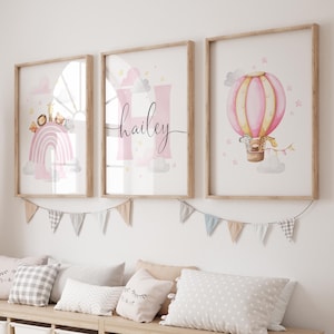 Arte de pared imprimible personalizado de safari para guardería, juego de 3, arte de guardería con animales de safari, guardería con arcoíris rosa, globo aerostático, DESCARGA DIGITAL