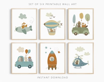 Set of 6 Animals TRANSPORT Printable Wall Art, Vehicles Nursery Prints, Boys Room, Girls Room, Playroom Decor, INSTANT DOWNLOAD