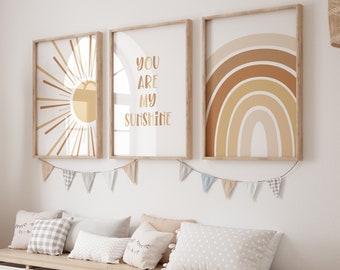 BOHO You Are My Sunshine Printable Wall Art, Nursery Art, Set of 3, Sun Rainbow, Neutral Nursery Decor, Playroom Prints, INSTANT DOWNLOAD