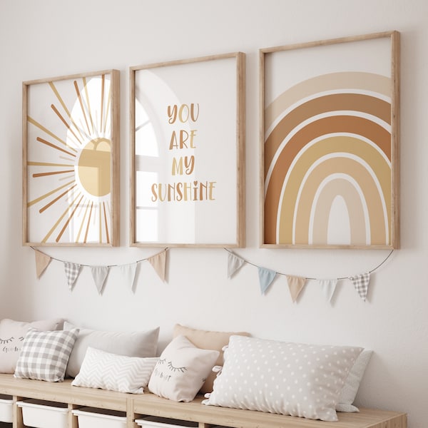 Art mural imprimable BOHO You Are My Sunshine, oeuvre d'art pour chambre d'enfant, lot de 3, soleil arc-en-ciel, décoration de chambre d'enfant neutre, impressions de salle de jeux, TÉLÉCHARGEMENT IMMÉDIAT