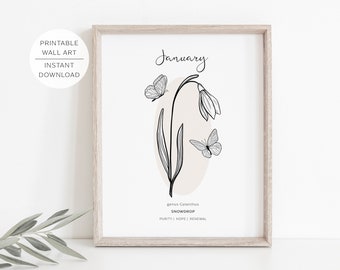 January Birth Flower SNOWDROP Printable Wall Art | Snowdrop Flower meaning | Modern Minimalist Line Art | Instant Download