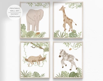 Safari Nursery Printable Wall Art, Set of 4, Safari Animals Prints, Jungle Animal Nursery, Gender Neutral Prints, INSTANT DOWNLOAD