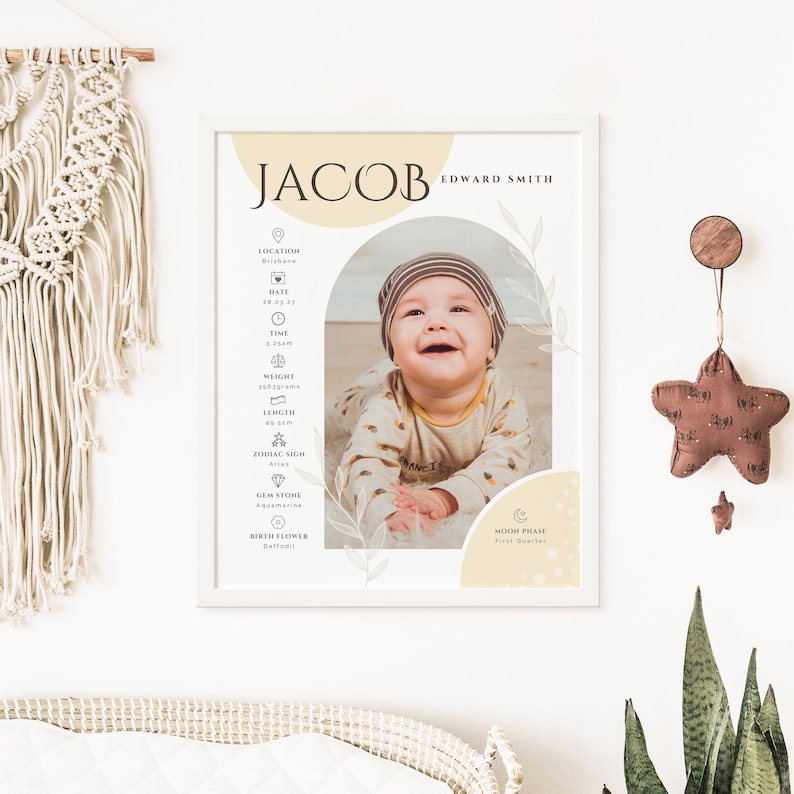 May include: A beige and white printable baby announcement poster with a photo of a baby boy. The poster includes the baby's name, Jacob Edward Smith, and details such as location, date, time, weight, length, zodiac sign, gemstone, and birth flower.