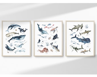 Sea Life Whales Sharks Printable Wall Art Set of 3, Watercolour Ocean Animals, Playroom Prints, Boys Room, Kids Room Art | INSTANT DOWNLOAD