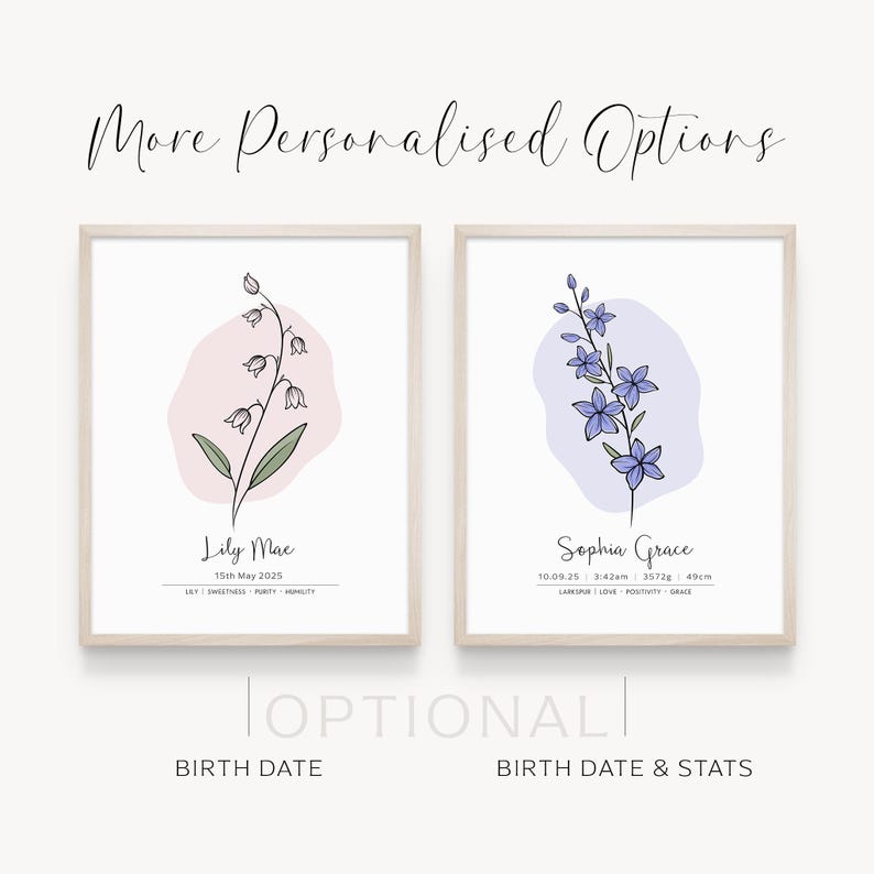 Personalised Birth Month Flower Printable Wall Art, Name Print, Birth Stats Poster | Digital Download image 4