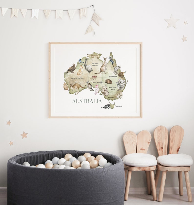 AUSTRALIAN Animals Map Printable Wall Art Koala, Kangaroo, Kookaburra ...