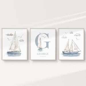 Arte mural imprimible personalizado de velero náutico, juego de 3, arte náutico para habitación infantil, arte oceánico, NME23 / DESCARGA DIGITAL