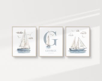 Personalised Nautical Sailboat Printable Wall Art, Set of 3, Nautical Nursery Art, Sailboat Nursery, Ocean Art, NME23 | DIGITAL DOWNLOAD