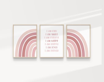 Pink Rainbow Affirmations Printable Wall Art, Set of 3 Kids Wall Art, Rainbow Nursery Wall Art Prints, Pink Nursery BHIA3 INSTANT DOWNLOAD