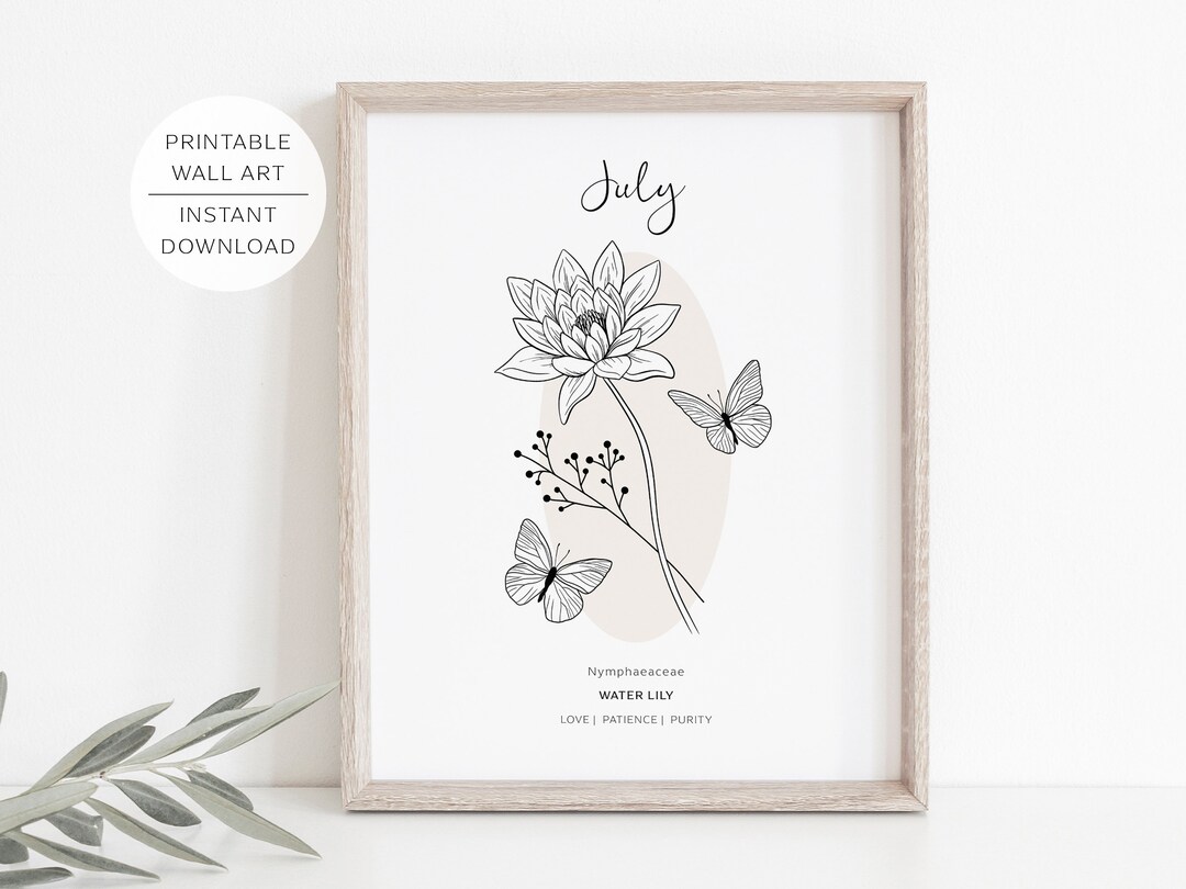 Water Lily July Birth Flower Printable Wall Art, Minimalist Line ...