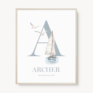 Arte de pared imprimible con letras personalizadas de VELERO, decoración de habitación para niños, póster de nacimiento de niños, impresión con significado de nombre, NME23 / Descarga digital