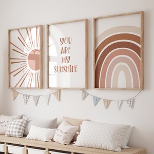 BOHO You Are My Sunshine Printable Wall Art, Nursery Art, Set of 3, Sun Rainbow, Neutral Nursery Decor, Playroom BHSS3, INSTANT DOWNLOAD