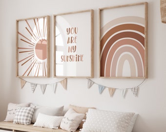 BOHO You Are My Sunshine Printable Wall Art, Nursery Art, Set of 3, Sun Rainbow, Neutral Nursery Decor, Playroom Prints, INSTANT DOWNLOAD