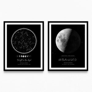 Art mural imprimable anniversaire phases de lune | Cadeau d'anniversaire unique, lot de 2, carte des étoiles La nuit de notre rencontre, anniversaire de mariage | Téléchargement numérique