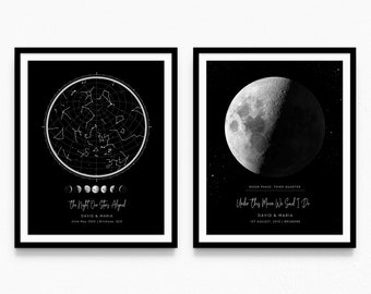 以下が含まれることがあります： 天体モチーフの白黒プリント2枚。最初のプリントは、星図に「The Night Our Stars Aligned, David & Maria, 22nd May 2001, Brisbane QLD」というテキストが書かれています。2枚目のプリントは、三日月と「Under This Moon We Said I Do, David & Maria, 1st August, 2010, Brisbane」というテキストが書かれています。
