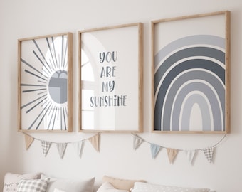 BOHO You Are My Sunshine Printable Wall Art, Nursery Art, Set of 3, Sun Rainbow Print, Grey Nursery Decor, Playroom Prints, INSTANT DOWNLOAD