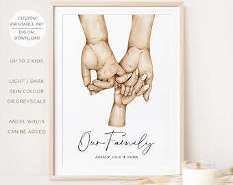 Personalised Family Printable Wall Art, Family Holding Hands Art, Pinky Promise, Angel Baby, Family Print, Digital Download