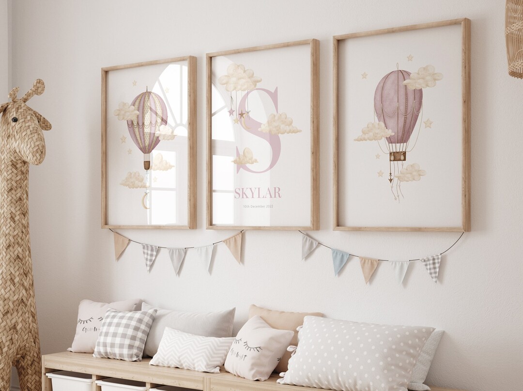 Personalised Kids Printable Wall Art, Kids Name Print, Pink Hot Air