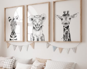 Black and White SAFARI Animals Printable Wall Art Set of 3, Safari Animal Faces, Nursery Wall Art, Kids Room Art | INSTANT DOWNLOAD