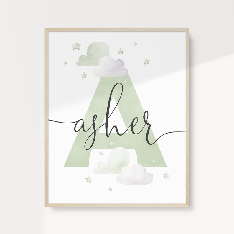 Personalised Green Letter Name Printable Wall Art, Clouds and Stars