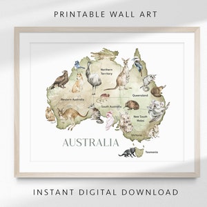 AUSTRALISCHE Tiere Karte druckbare Wandkunst Koala, Känguru, Kookaburra, Wombat, Kunst für Baby, Kinderzimmer, Spielzimmer | SOFORTIGER DOWNLOAD