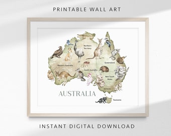 AUSTRALIAN Animals Map Printable Wall Art Koala, Kangaroo, Kookaburra, Wombat, Nursery Wall Art, Kids Room Art, Playroom | INSTANT DOWNLOAD